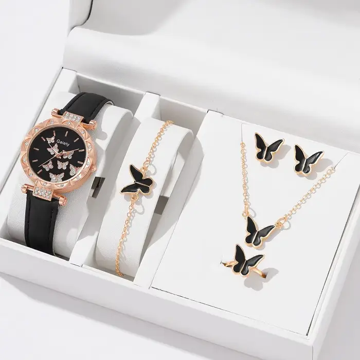 Ensemble de montre-bracelet à quartz pour femme avec bague, collier, boucles d'oreilles et bracelet en cuir, papillon, variété de couleurs pour tous les styles et occasions