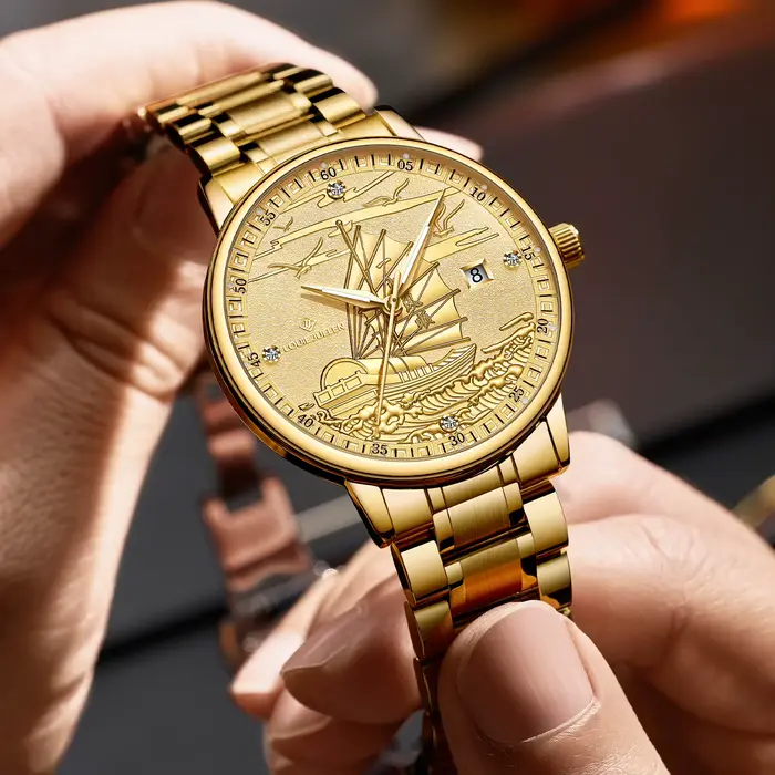 Montre Homme Luxe Affaires Or Design Voilier Date Lumineuse Étanche Bracelet Acier Quartz Montres