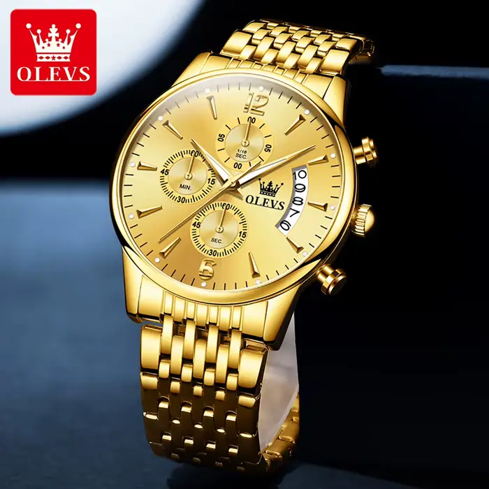 Montre de sport OLEVS en acier inoxydable avec mouvement Quartz, fonctionnalités chronographe et calendrier complet, résistante à l'eau, pour homme occassions sportives et mode