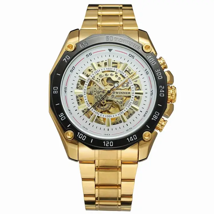 Montre mécanique automatique de luxe pour hommes, en or noir, squelette entièrement en acier, horlog