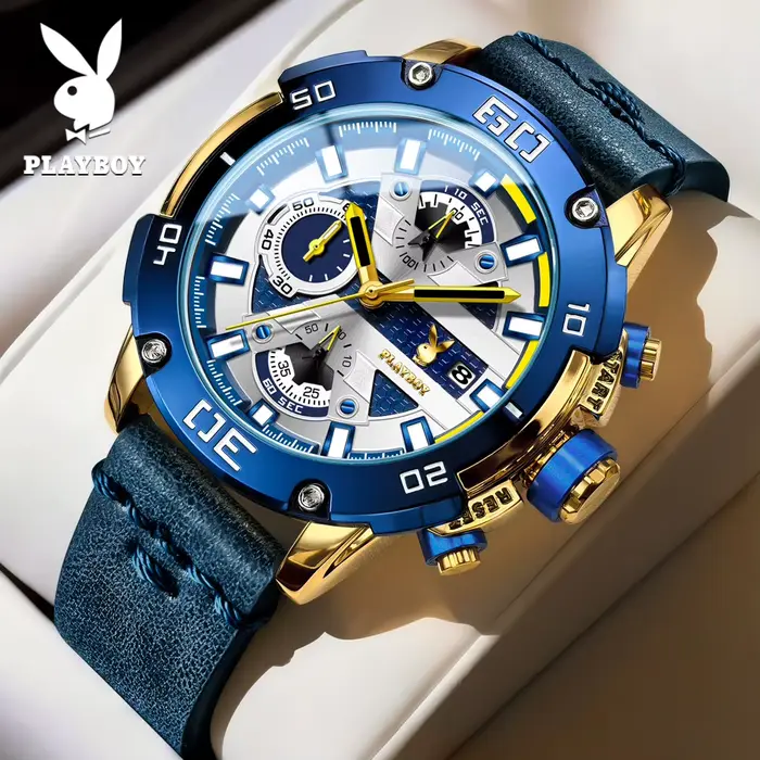 PLAYBOY Montres haut de gamme pour hommes, mode décontractée, bracelet en cuir, date automatique, ch