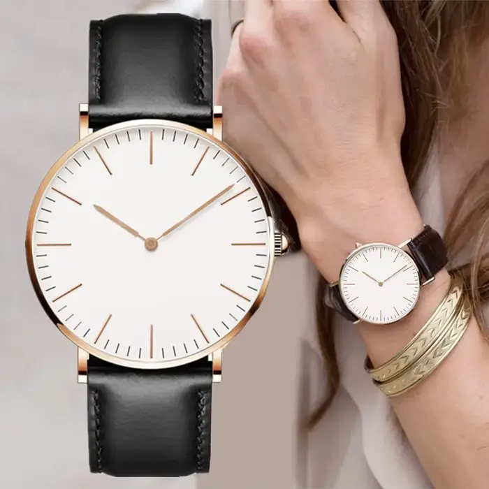 Montre élégante en cuir pour femme rose et blanche simple et décontractée pour occasions spéciales et quotidienne