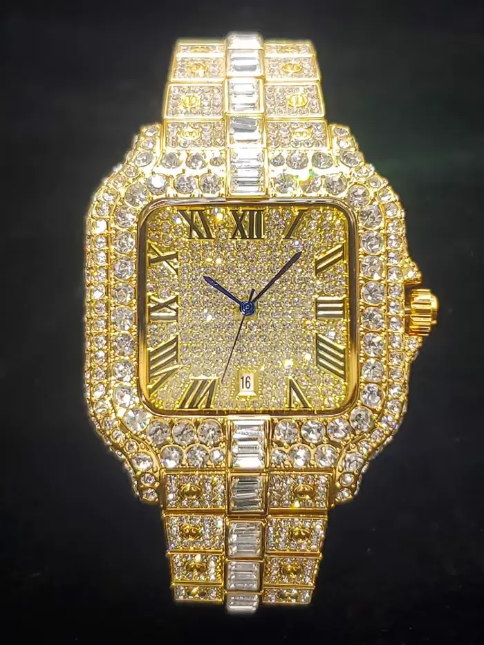 Montre en or diamant pour hommes avec calendrier complet, mouvement à quartz, bracelet solide orné de zircons, pour les occasions spéciales et les sorties professionnelles