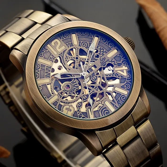 Montre SHENHUA en acier inoxydable avec cadran bronze rétro pour hommes style vintage et casual occassions spéciales