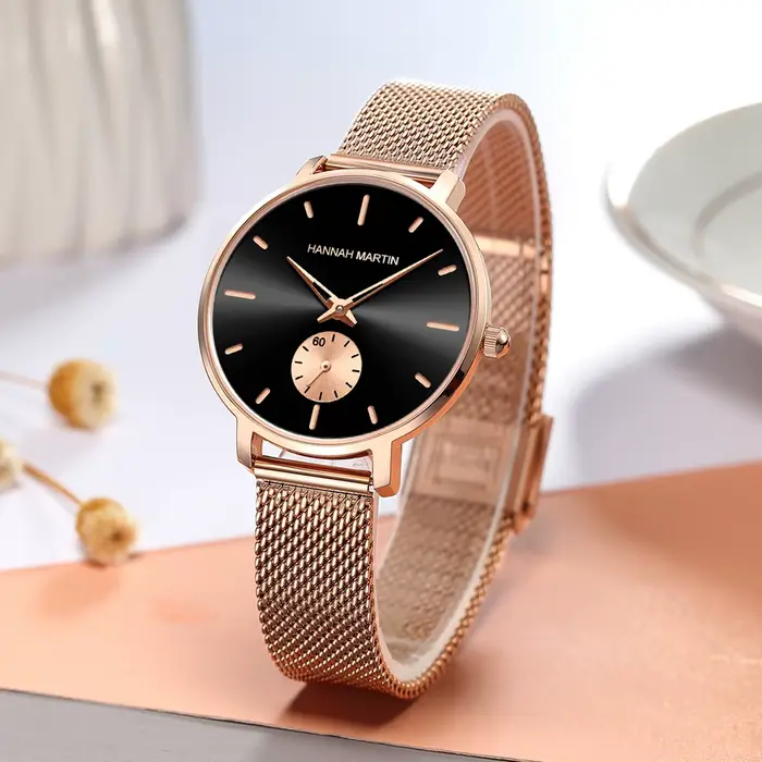 HANNAH MARTIN Top marque femmes montre 1335 synchronisation sous-cadran en acier inoxydable maille mouvement à Quartz