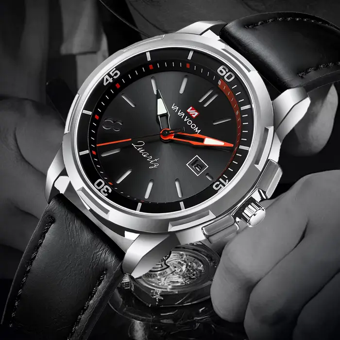 VA VA VOOM montre militaire en cuir noir avec grand cadran 46 mm mouvement à quartz style d'affaires