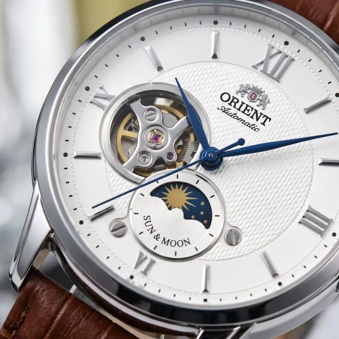 Montre automatique Orient Sun Moon Phase avec bracelet en cuir grain crocodile pour hommes, élégante pour occasions formelles et amateurs de montres complications mécaniques