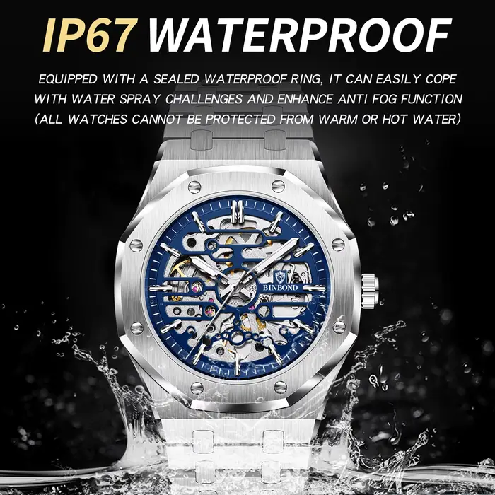 Montre mécanique squelette BINBOND résistante à l'eau pour homme avec mouvement automatique et bracelet en acier inoxydable occasions spéciales et quotidienne