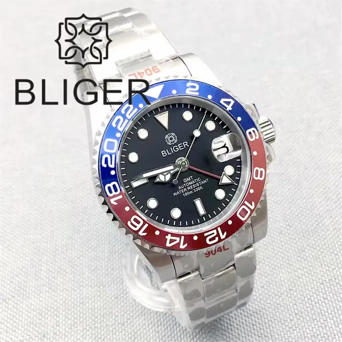 BLIGER 40mm GMT montre pour hommes lumineux bleu rouge violet lunette insérer verre saphir acier inoxydable étanche Relogio Masculino