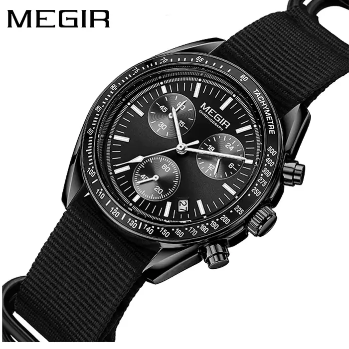Nouvelle montre sport noire chronographe MEGIR résistante à l'eau avec calendrier complet et lunette luminescente pour homme occasions spéciales