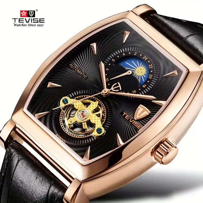 Montre mécanique automatique forme tonneau élégante avec phase de lune et squelette pour homme occasions spéciales professionnelle décontractée