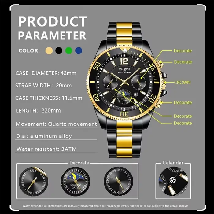 Montre en acier inoxydable Notionr à quartz avec mains lumineuses et calendrier complet pour homme mode et décontracté