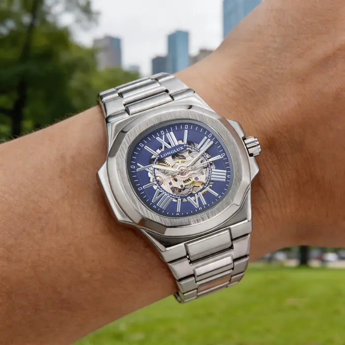 Montre homme automatique mécanique cadran romain squelette lumineuse acier inoxydable pour affaires et occasions spéciales