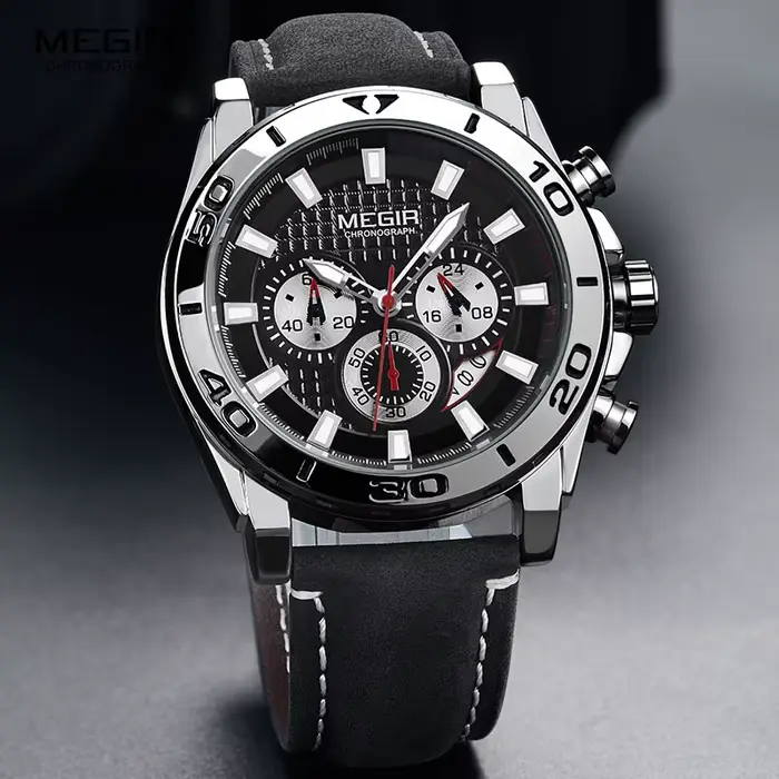 MEGIR hommes armée sport chronographe montres à Quartz bracelet en cuir lumineux étanche montre-bracelet homme Relogios horloge 2094 argent