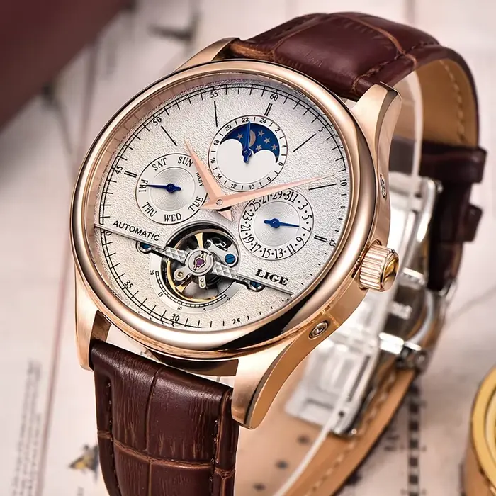 LIGE marque rétro mécanique montre-bracelet Tourbillon montre automatique Sport horloge en cuir décontracté affaires hommes montres Relojes Hombre