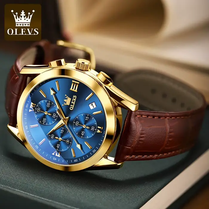 Montre OLEVS 2872 en acier inoxydable avec bracelet en cuir, résistante à l'eau, pour homme avec chronographe et calendrier complet pour différentes occasions