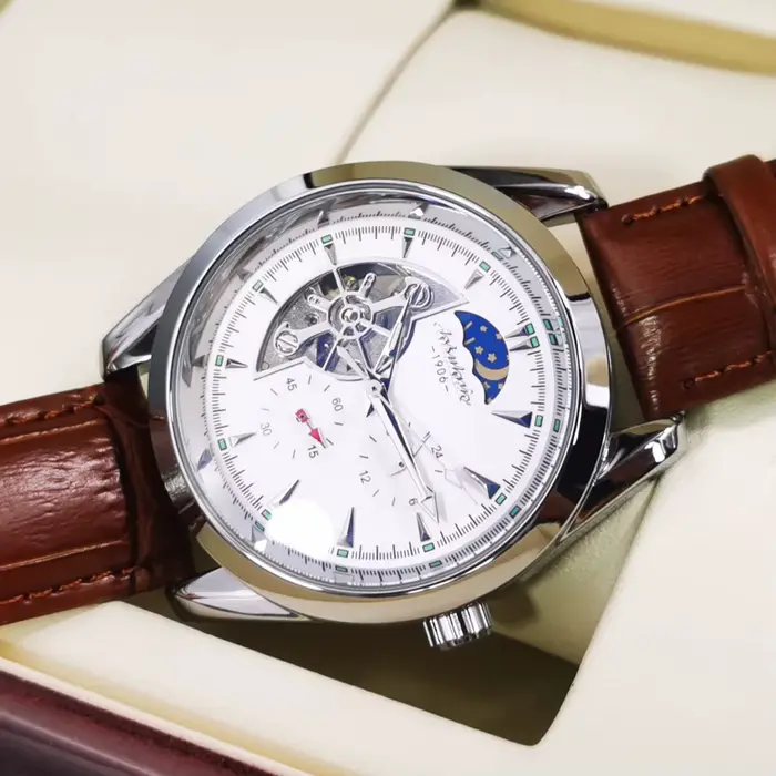 Montre mécanique AOKULASIC avec tourbillon, résistance aux chocs et affichage lumineux pour homme, cuir et acier inoxydable, parfait pour occasions spéciales et quotidien