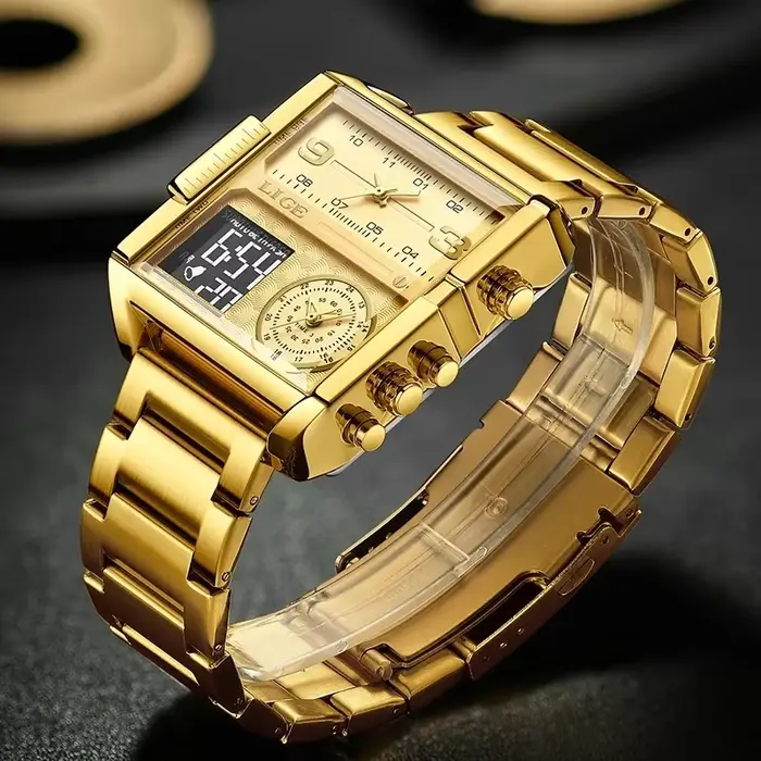 LIGE – montre à Quartz dorée pour hommes