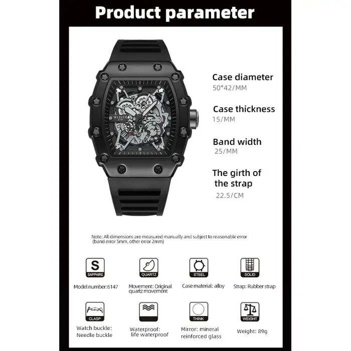 Montre de commerce extérieur grand cadran pour hommes Quartz étanche Sport carré montre lumineuse po