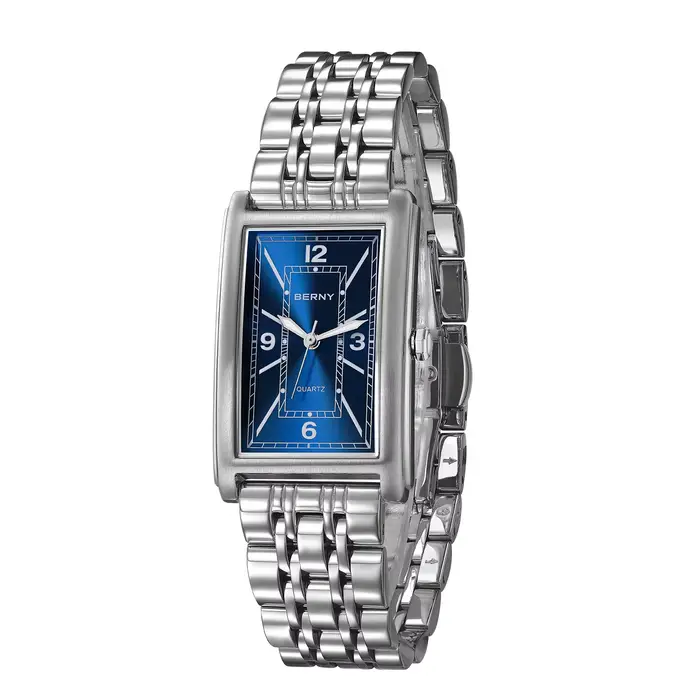 BERNY carré hommes montre lumineux Quartz chiffre romain cadran 316L acier inoxydable décontracté mode rectangulaire