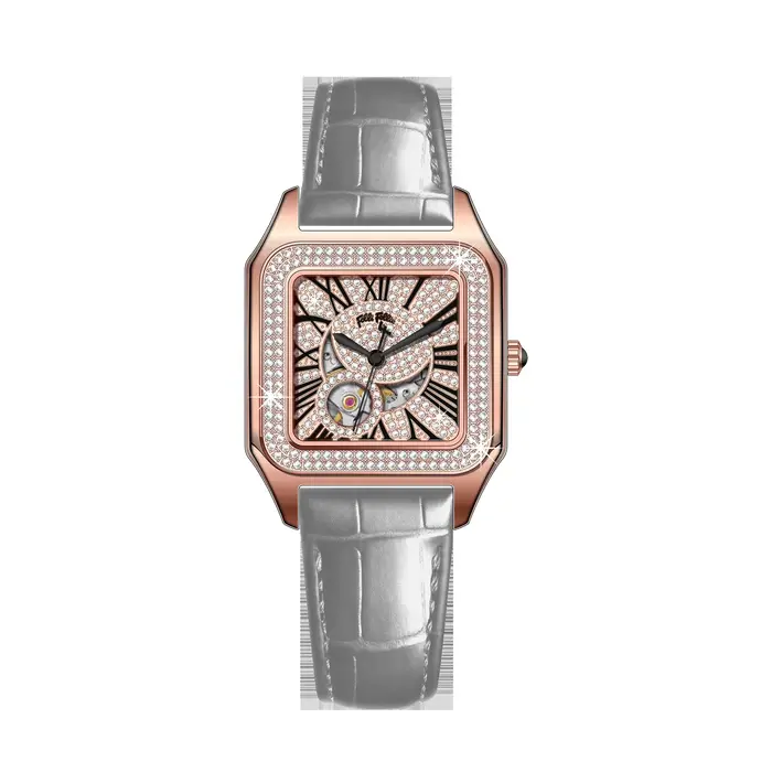 FolliFollie montre habillée carrée pour femme cadran en or rose diamant chiffres romains bracelet en