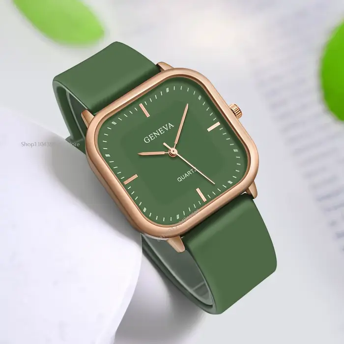 Montre Carrée Minimaliste Unisexe pour Hommes et Femmes 2026 Nouvelle Collection Bracelet en Silicone Vert Avocat Tendance Décontractée Polyvalente Montre-Bracelet à Quartz