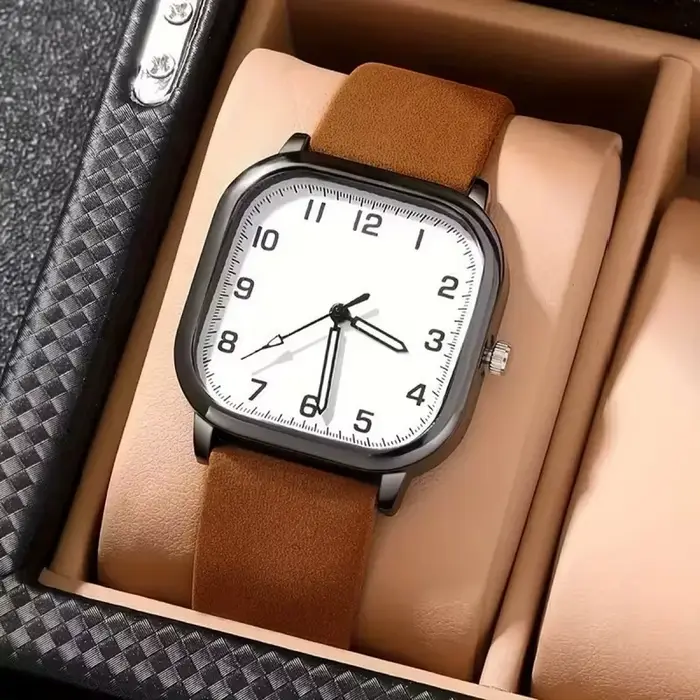 Mode hommes montres décontracté carré montre à Quartz bracelet en cuir montre-bracelet