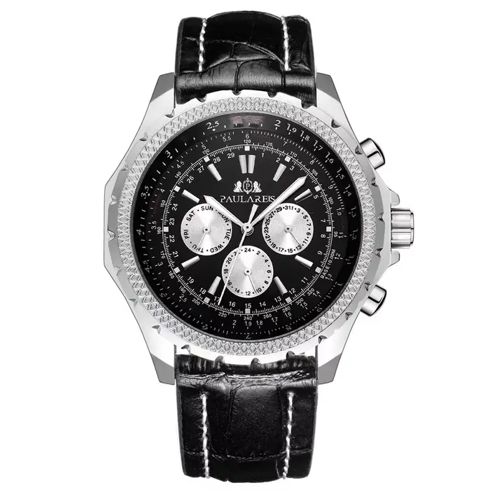 Montre automatique à mouvement mécanique pour homme, noir, marron, bleu, bracelet en cuir, montres d