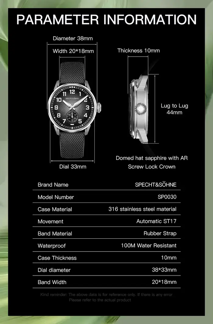 Specht & Söhne nouvelles montres mécaniques automatiques pour hommes japon C3 montre de sport en cristal saphir lumineux ﻿ 5Bar étanche