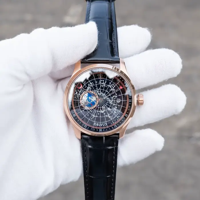 OBLVLO montre mécanique de luxe pour hommes en or Rose cadran noir lumineux avec lunette en cristal bracelet en cuir terre étoile horloge automatique GC
