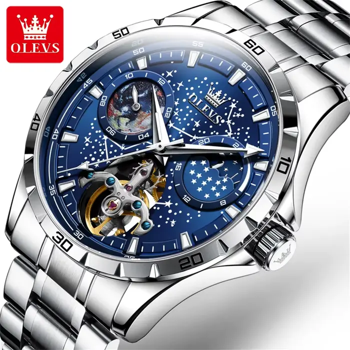Montre OLEVS 6689 en acier inoxydable avec phase de lune et chronographe pour hommes occasions spéciales et quotidienne
