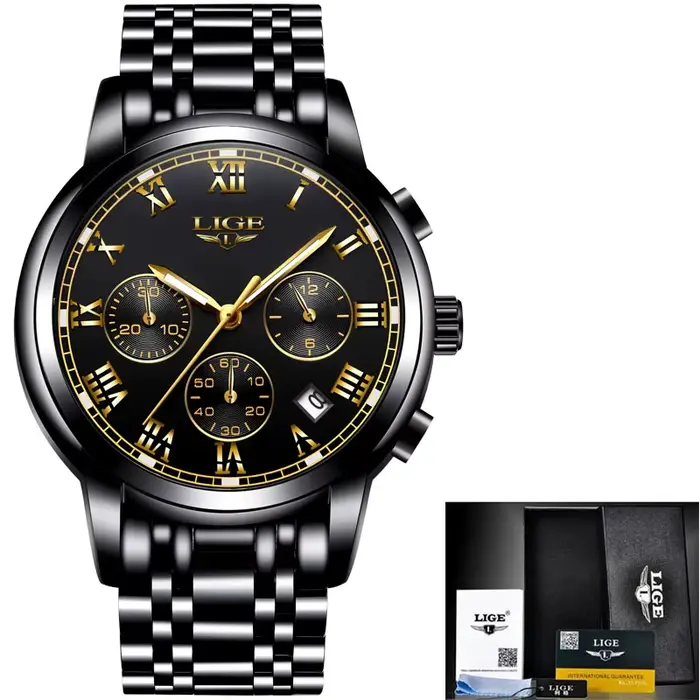 LIGE – montre de luxe en acier inoxydable pour homme, accessoire de mode, Quartz, or, étanche
