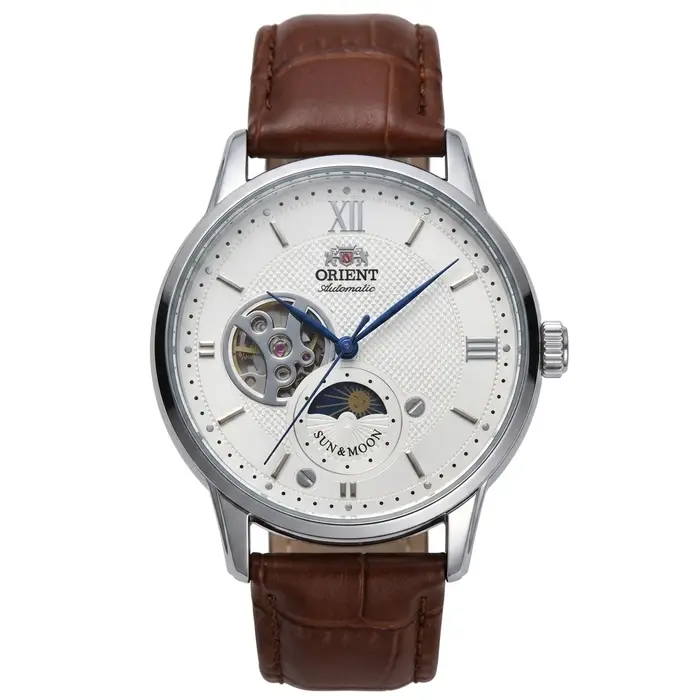 Montre automatique Orient Sun Moon Phase avec bracelet en cuir grain crocodile pour hommes, élégante pour occasions formelles et amateurs de montres complications mécaniques