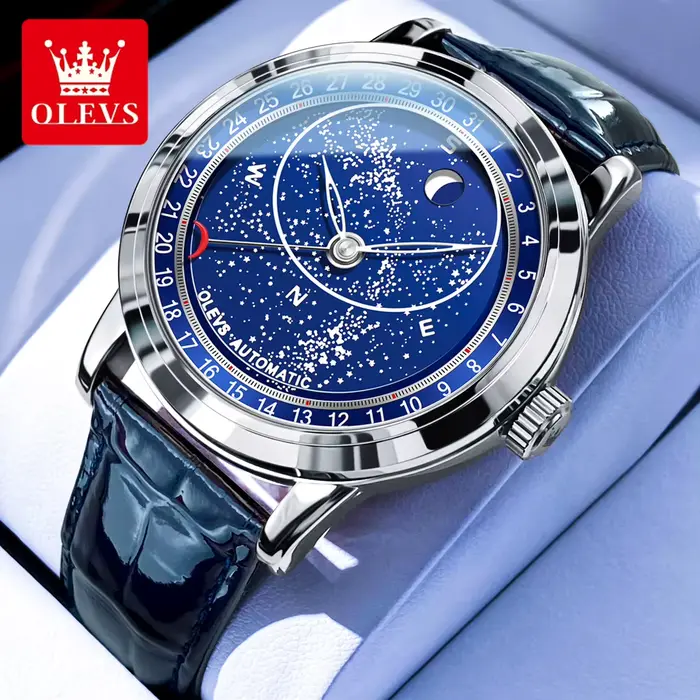 OLEVS 9923 montres mécaniques automatiques de Phase de lune pour homme bracelet en cuir de mode étan