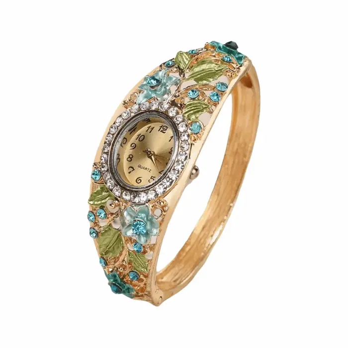 Montre à cadran rond motif fleur et papillon