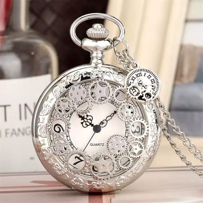 Montre de poche antique à engrenages creux argentée avec chaîne pour homme et femme occasions spéciales cadeau élégant