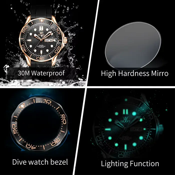 Montre OLEVS à Quartz pour Hommes, Lumineuse, Étanche à 30M, Bracelet en Silicone, Boîtier en Acier Inoxydable, Pour Pilotes et Activités Extérieures