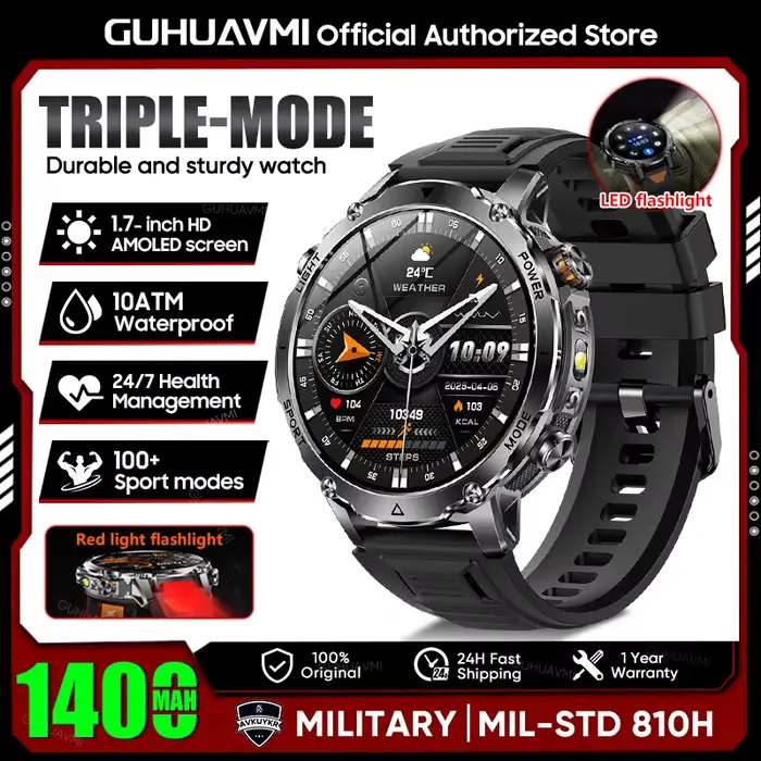 Montre connectée de sport militaire pour hommes, batterie 1400mAh, écran 1.7 pouces, lampe de poche 