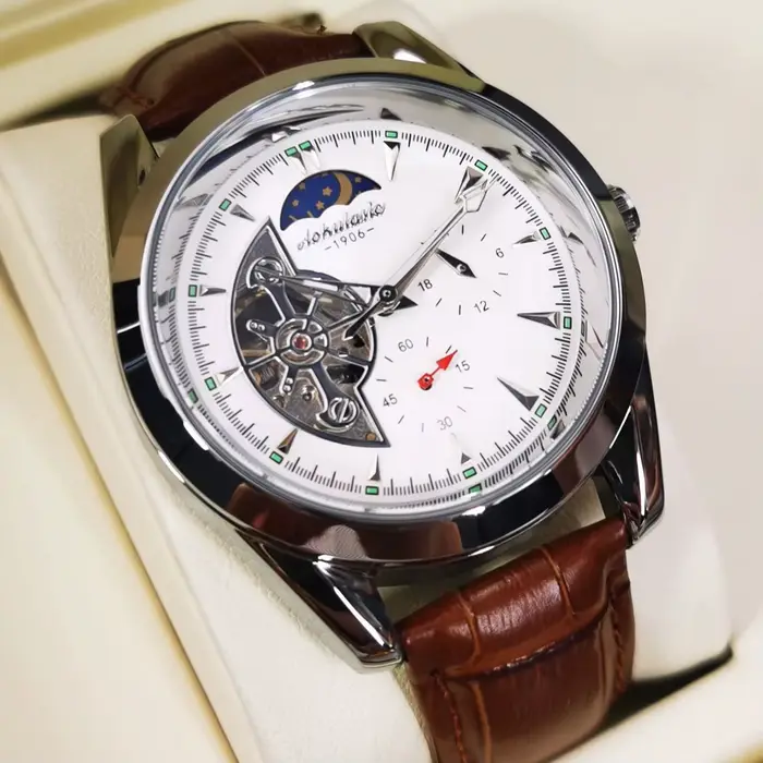Montre mécanique AOKULASIC avec tourbillon, résistance aux chocs et affichage lumineux pour homme, cuir et acier inoxydable, parfait pour occasions spéciales et quotidien