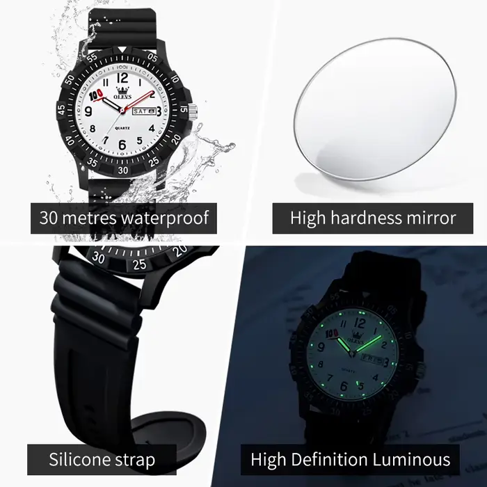 Montre à Quartz OLEVS 2705 Calendrier Complet Bracelet en Silicone Robuste pour Etudiants Occasions Spéciales