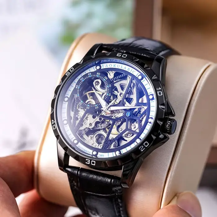 Montre mécanique automatique homme boîtier alliage lumineux bracelet cuir véritable cadran squelette résistance à l'eau occassions spéciales