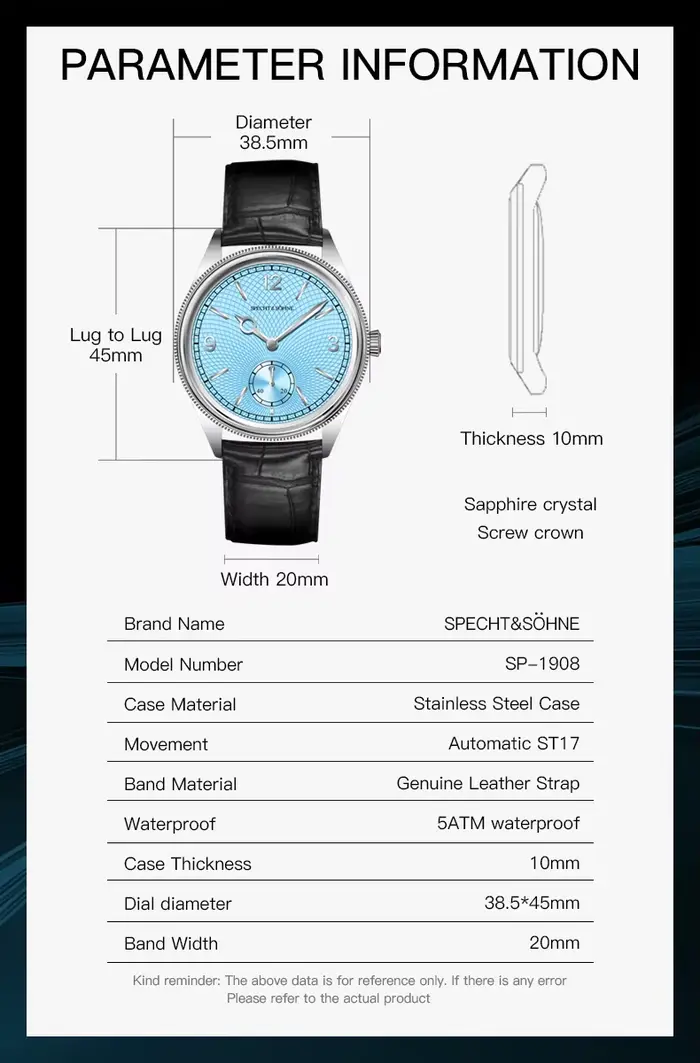 Specht & Söhne nouveautés 1908 montres automatiques pour hommes en acier inoxydable mouette Movt montre-bracelet mécanique 50M étanche