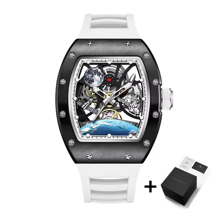 Montre mécanique automatique pour hommes, avec boîtier en acier inoxydable, bracelet en Silicone, ca
