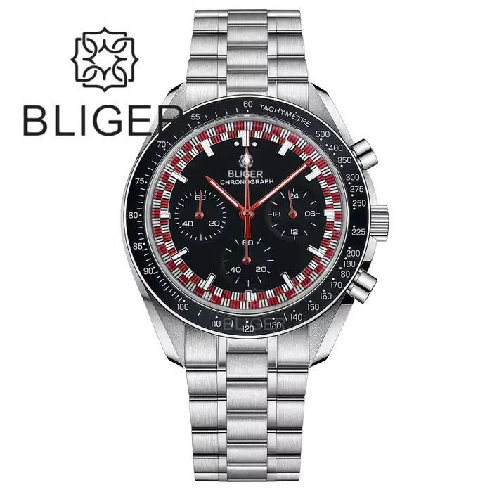 BLIGER 39mm Vintage lune chronographe montre pour hommes VK63 mouvement à Quartz en acier inoxydable bulle cristal étanche vert lumineux