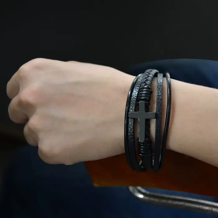 HNSP – Bracelet en cuir et métal croisé pour hommes, accessoires de bijoux