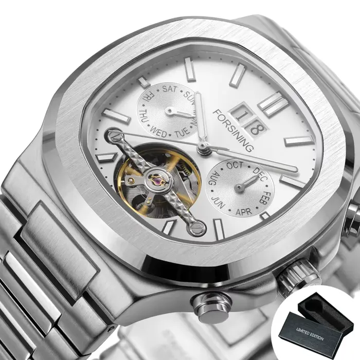 Montre mécanique automatique squelette carrée Forsining pour homme, calendrier, tourbillon, montres 