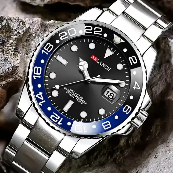 Montre d'affaires en acier inoxydable 40mm classique rouge bleu cercle série de plongée loupe calendrier montres à