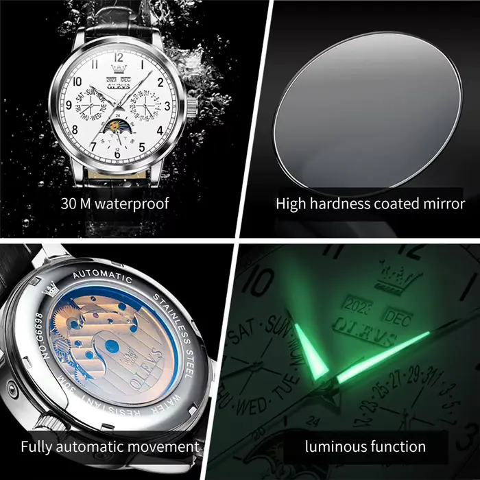 Montre mécanique OLEVS en cuir pour homme, phase de lune, étanche, calendrier touristique, élégante à offrir pour occasions spéciales