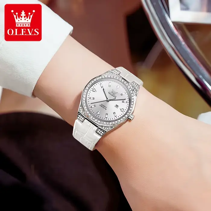 OLEVS 5606 montre pour femme lumière originale mode Quartz montre-bracelet bracelet en cuir diamant lunette étanche
