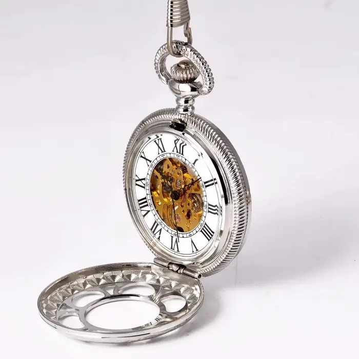 Montre de Poche Mécanique à Pétales Argentés pour Homme et Femme